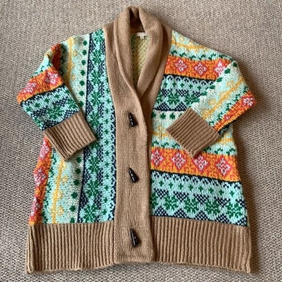 ILLA ILLA cardigan button front abstract motif Shawl neck pockets women’s Sz M/L - Picture 1 of 9